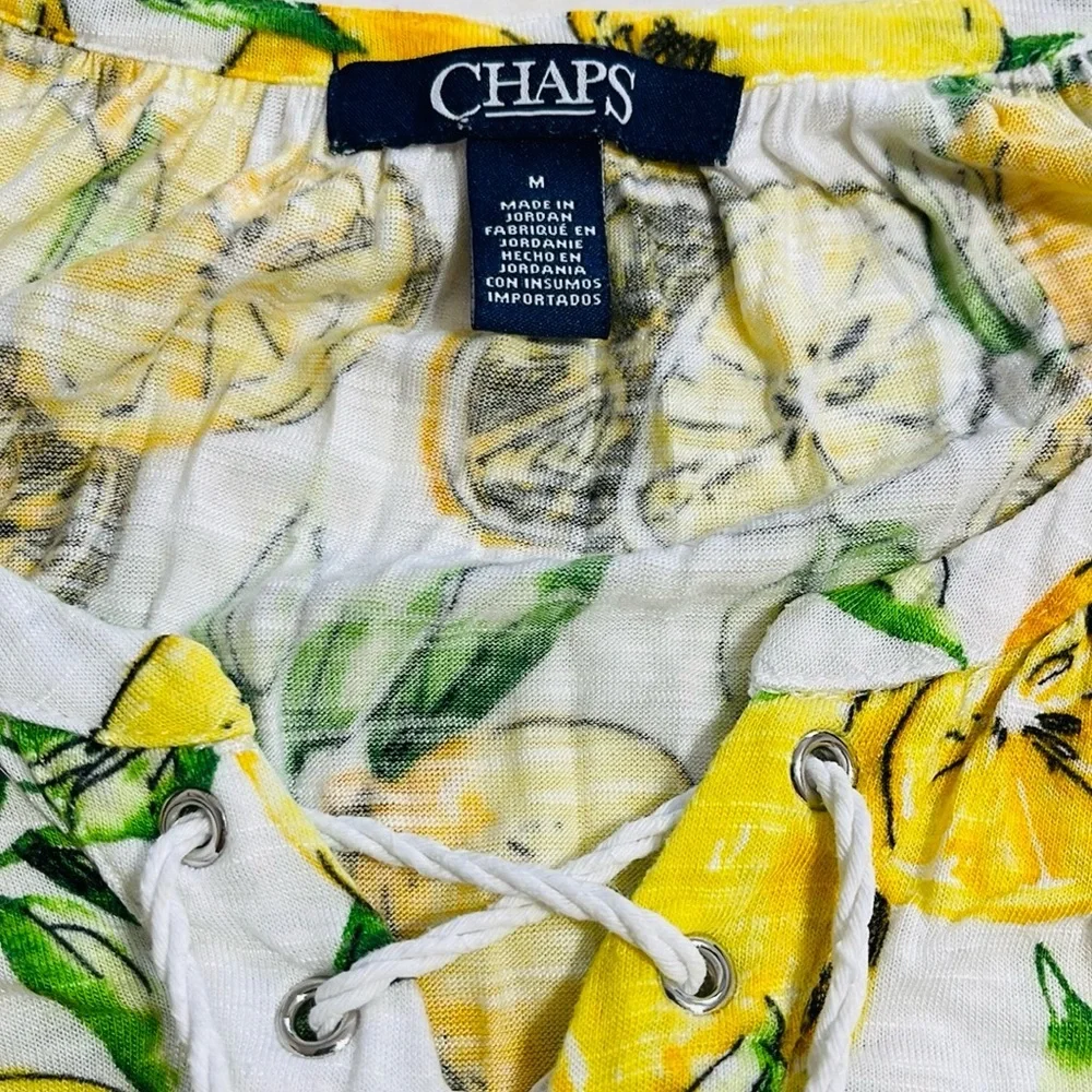 Chaps Green and Yellow Tie Front Cap Sleeve Blouse, Size Medium - Picture 5 of 5